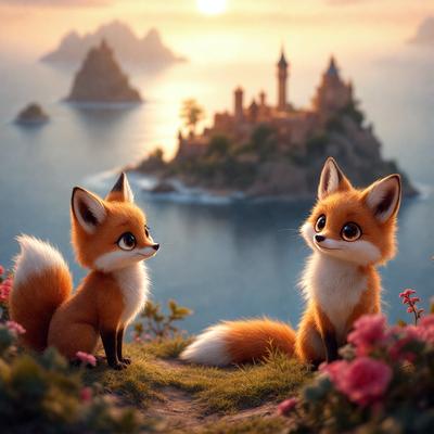 The image features two cartoon foxes sitting on a grassy hillside, overlooking a beautiful ocean view. The foxes are the primary subjects of the scene, and they appear to be enjoying the serene landscape. The setting includes a castle in the background, adding a sense of adventure and fantasy to the scene. The visual style is a combination of digital art and illustration, creating a vibrant and engaging atmosphere. The colors and mood of the image are predominantly warm and inviting, with the